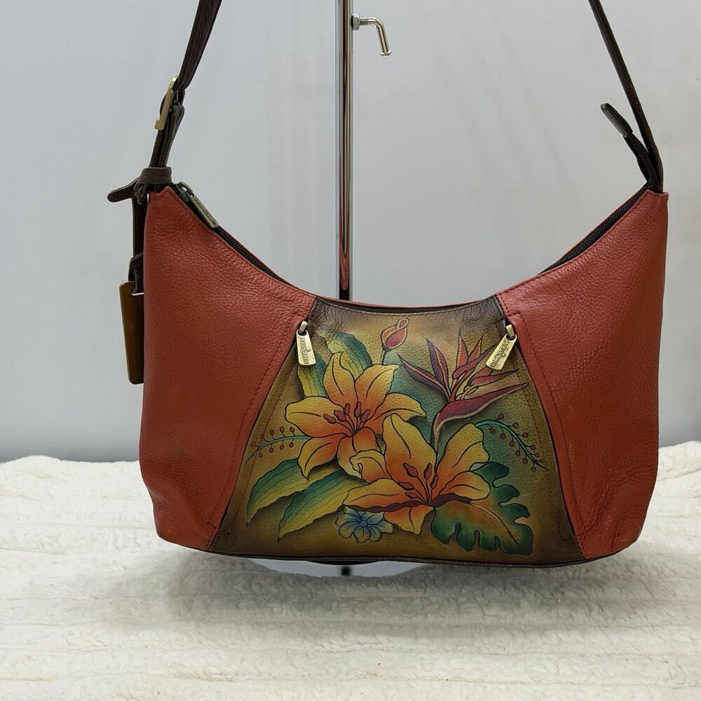 Anuschka Hand Painted Leather Floral Shoulder Bag Red Brown Tropical Flowers